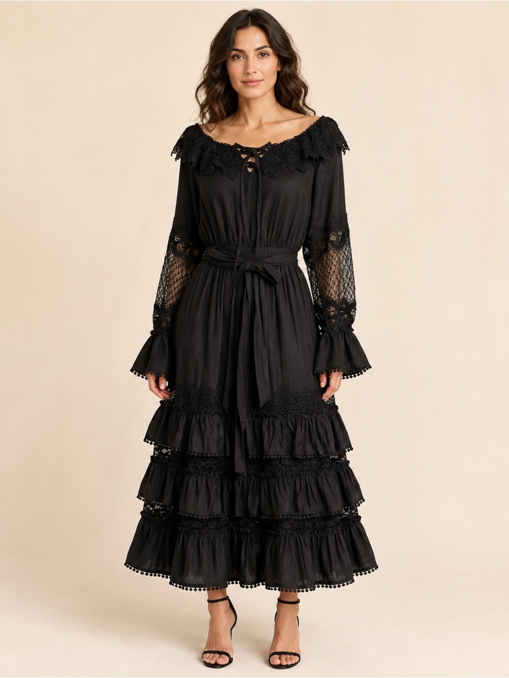 KisKissay Black Lace Tiered Maxi Dress Size Small NWOT